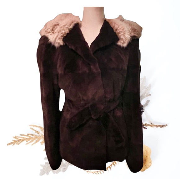 Brown Sheared Textured Mink Coat Jacket Canadian Lynx Fur Hood Belted Appraised - Picture 5 of 8